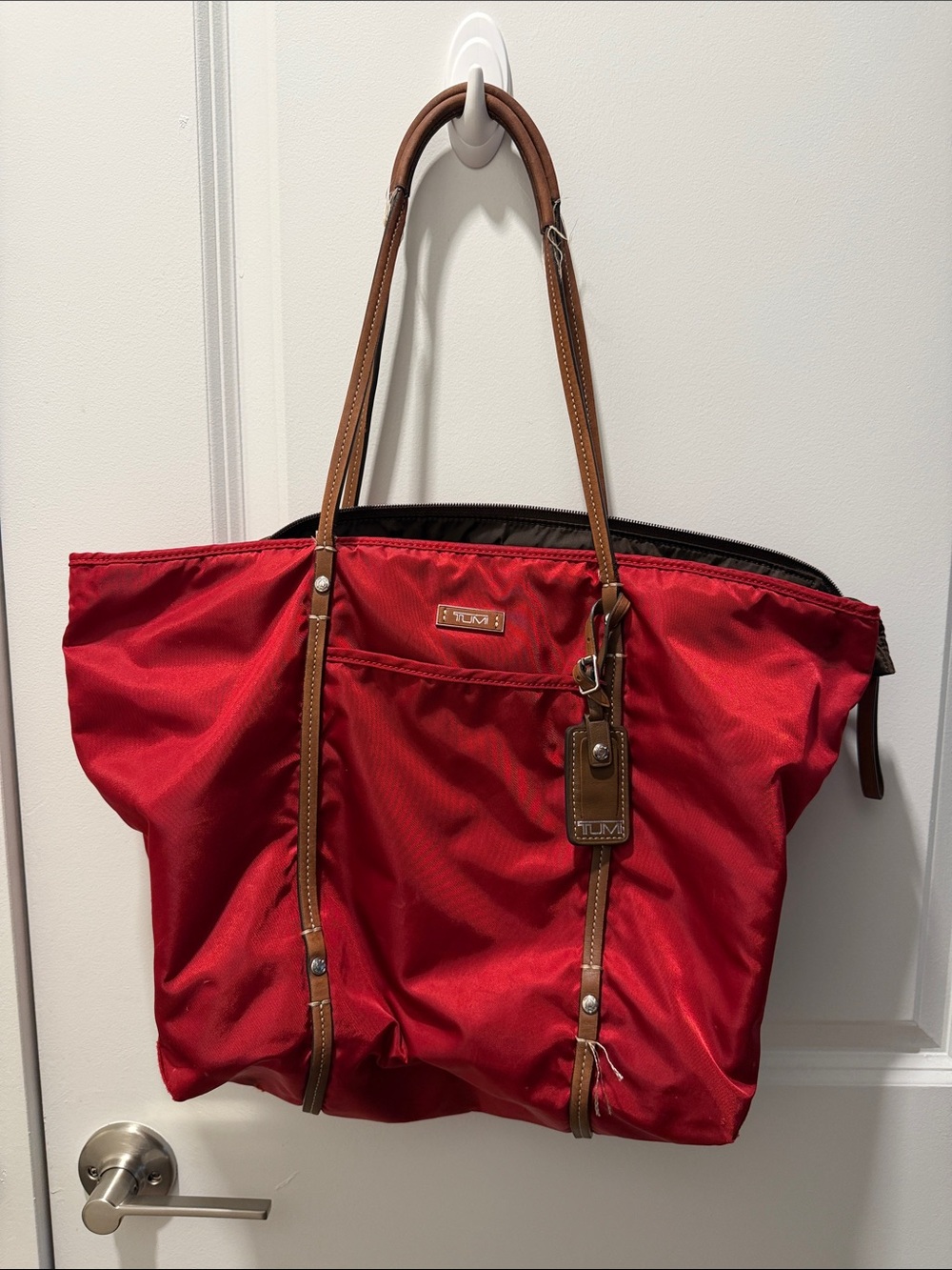 Tumi Red Nylon Tote with Brown Leather Straps